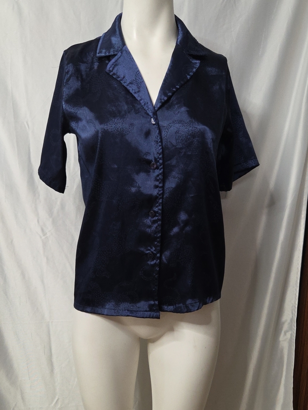 Rachel Zoe Navy Satin Short-Sleeve Button-Up Shirt Xsmall Sz